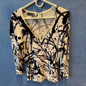 Alberto Makali Black and White Abstract Long Sleeve Sequin + Beaded Top womens M